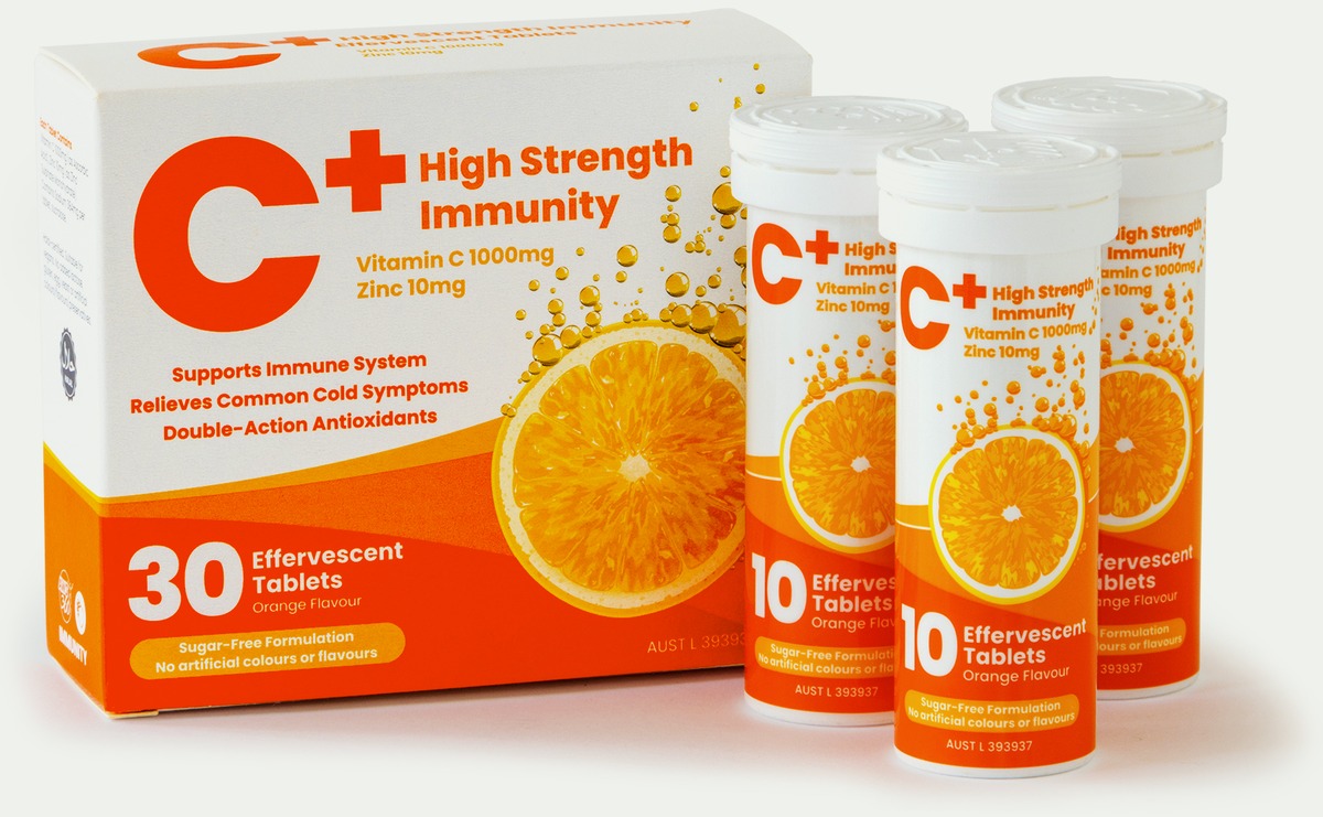 C+ High Strength Immunity 30-tablet carton with three 10-tablet tubes
